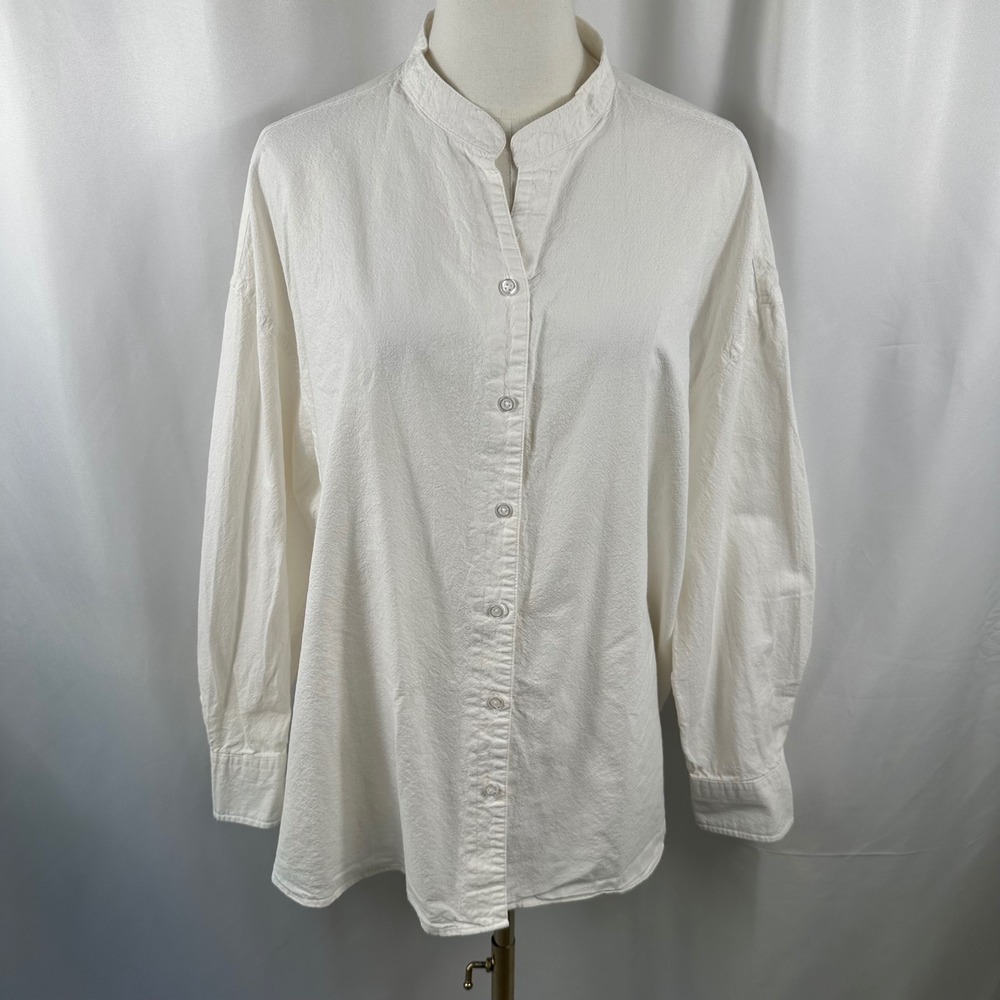 66girls White Button Down Shirt Womens OS Mandarin Collar 100% Cotton Long Top